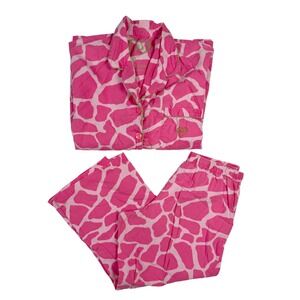 Victorias Secret Y2K Pink Giraffe Print‎ Cotton Pajama Set Medium Button Up PJs